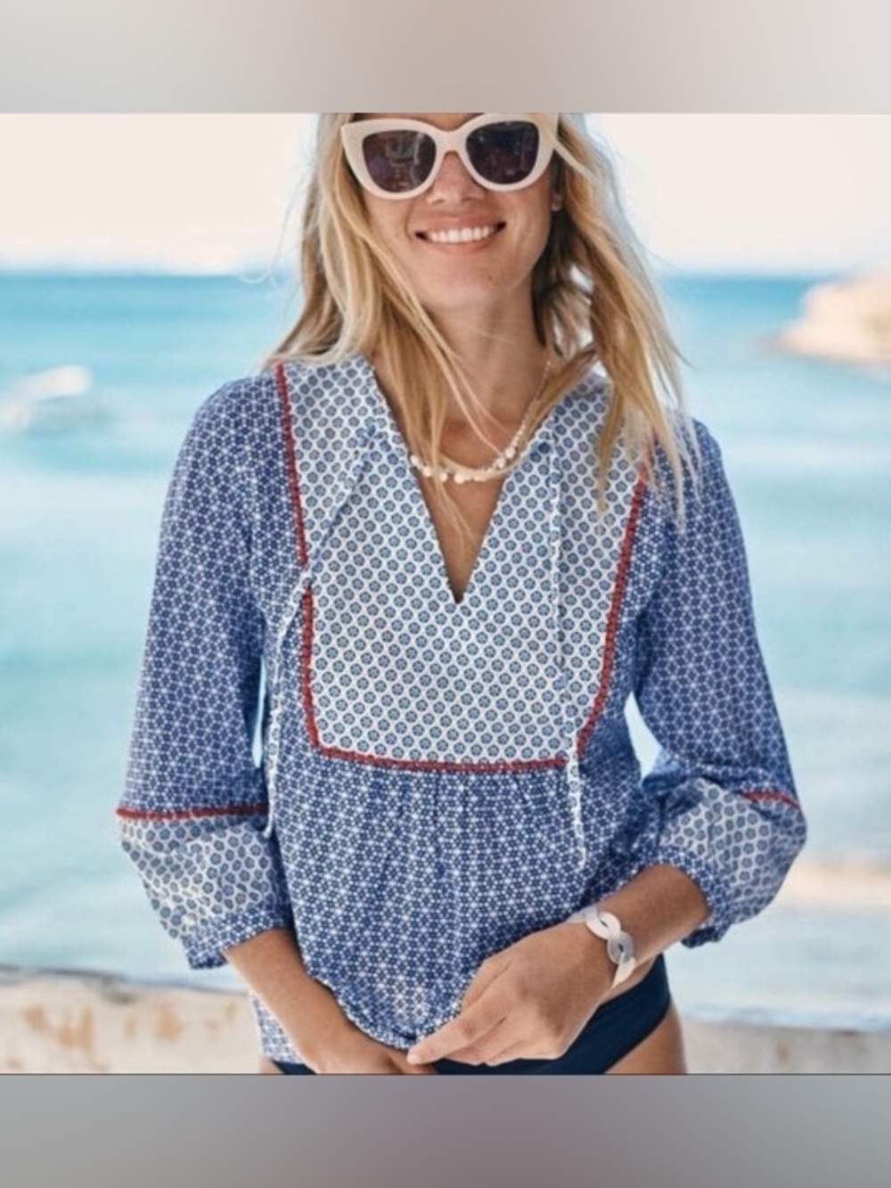Boden Cora Mosaic Top Blouse Star Print Bohemian Peasant 4th of July size 14
